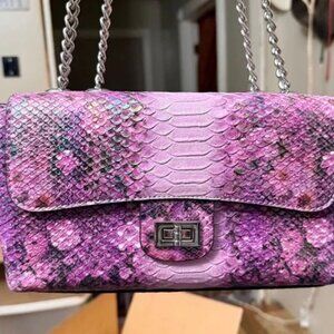 Movdarl Pink/Purple iridescent Chain strap Croc-Embossed 2 way Handbag EUC